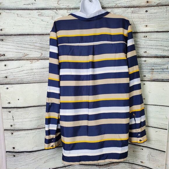 Ann Taylor Women’s Striped Button Front Blouse Navy Beige Yellow XL - Picture 6 of 9